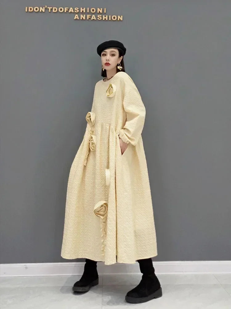 XITAO Autumn New Korea Dress 2024 Fashion Loose Long Solid Color Three-dimensional Flower Decoration Casual Women WMD3784