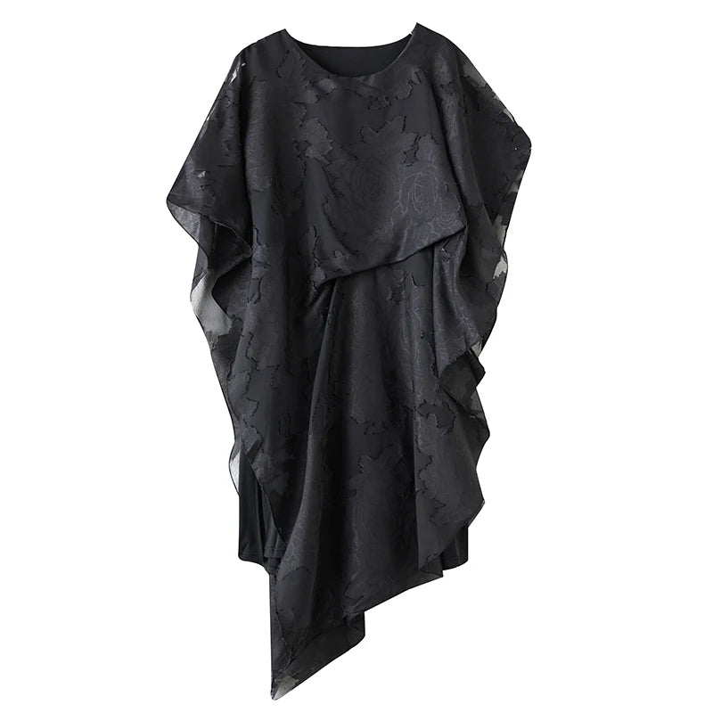 XITAO Asymmetrical Side Split Hollow Out Fold Women Dress Gauze Patchwork O-neck Pullover Loose Mid-calf Casual Dress ZMY1048