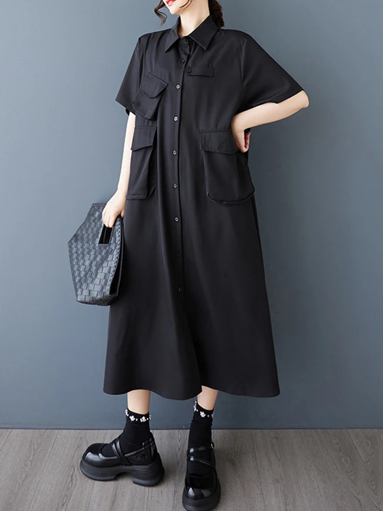 XITAO Asymmetric Pocket Female Dress Loose Solid Color Turn-down Collar Single Breasted Women Temperament Shirt Dress ZMY1145