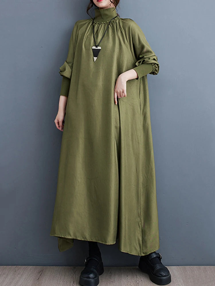 XITAO Loose Turtleneck Female Dress Fashion Temperament Irregular Women Autumn Simplicity Casual Long Sleeve Dress DMJ2337