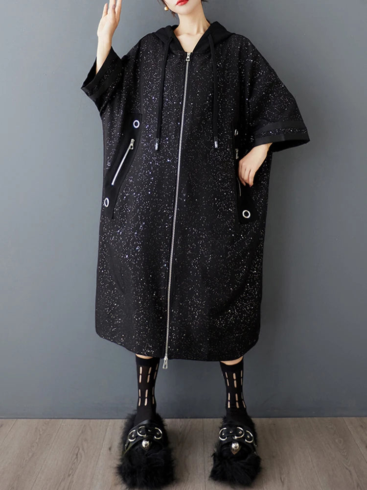 XITAO Loose Zipper Hooded Collar Trench Casual Fashion Big Pocket Women Personality Irregular Patchwork Simple Coat ZMY1156