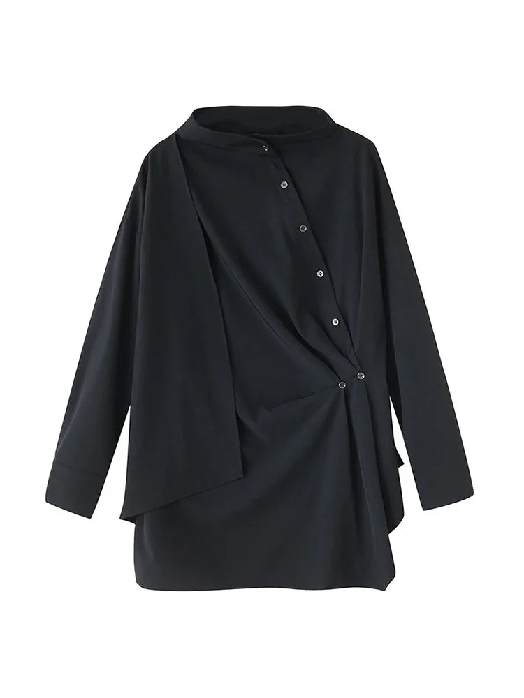 XITAO Single Breasted Half High Collar Shirt Asymmetrical Patchwork Solid Color Long Sleeve Folds Pullover Loose Tops HQQ2500