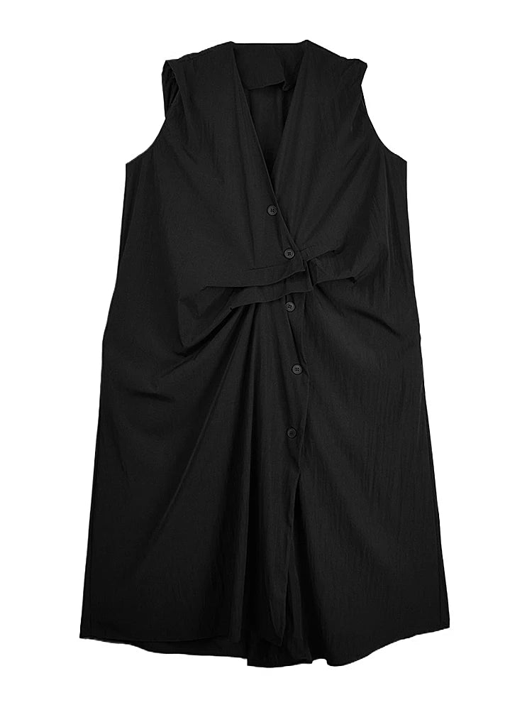 XITAO Solid Color Sleeveless Vintage Dress V-neck Irregular Single Breasted Loose Casual New Arrival Summer Woman Dress ZMY1384