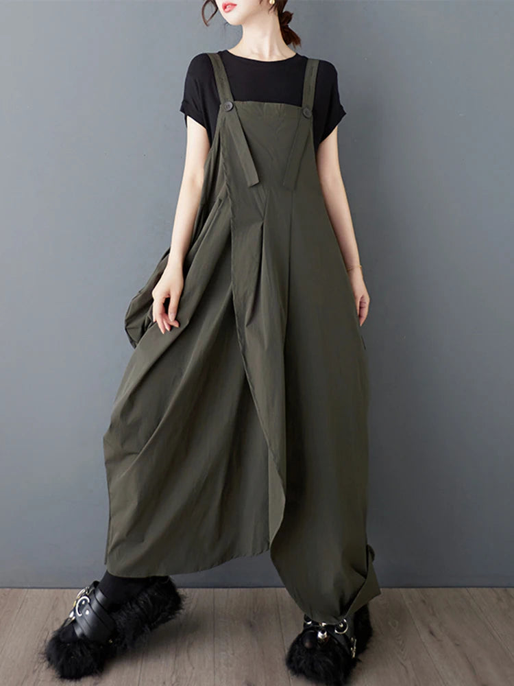 XITAO Irregular Pleated Straps Dress Casual Solid Color Loose Fitting Slimming Sleeveless Simple Button Women Dress ZMY1061