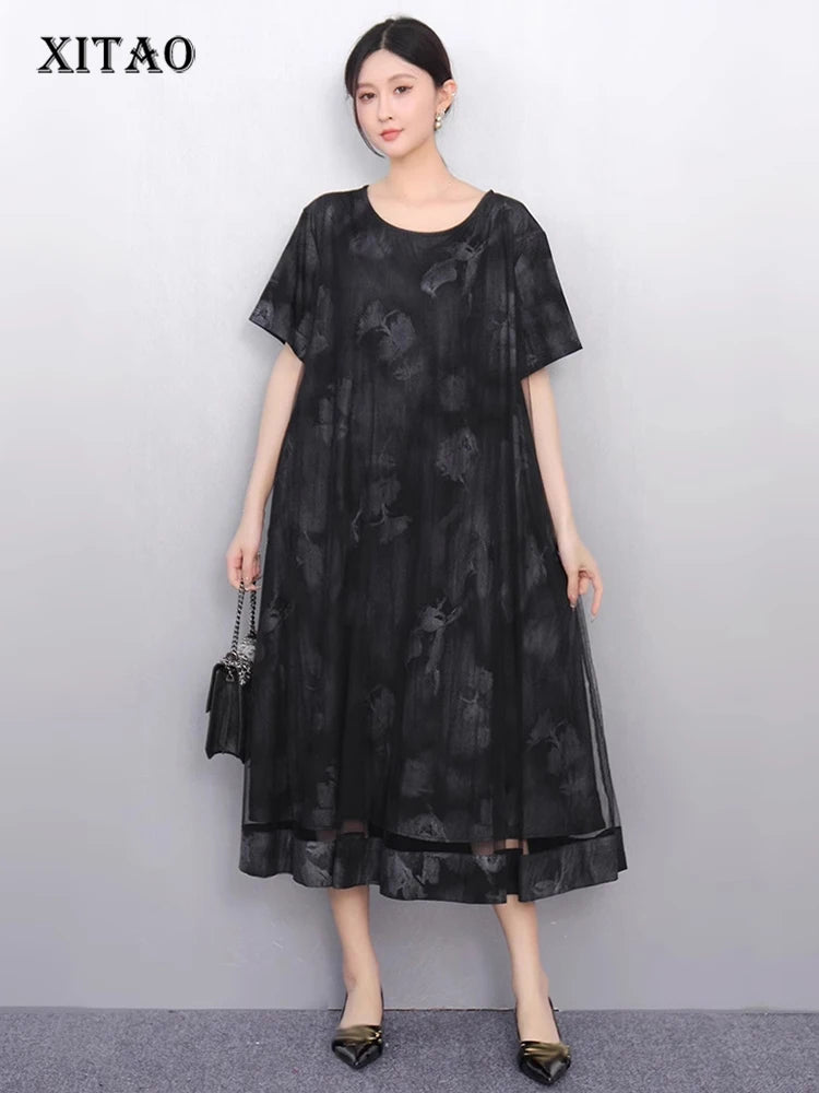 XITAO Loose Mesh Patchwork Print Female Dress Fashion Elegant Trend A-line Women Short Sleeve O-neck Pullover Dress ZMY1250