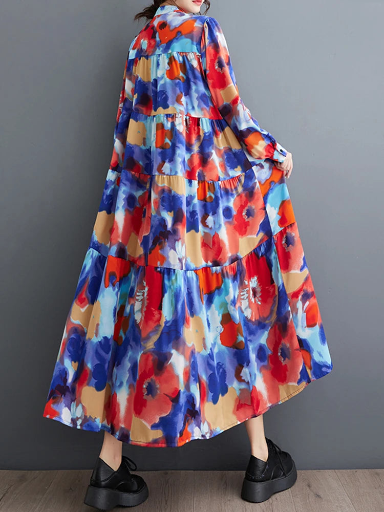 XITAO Vintage Loose Print Dress Casual All-match Contrast Color Women Spring New Trend Long Sleeve Stand Collar Dress DMJ4069