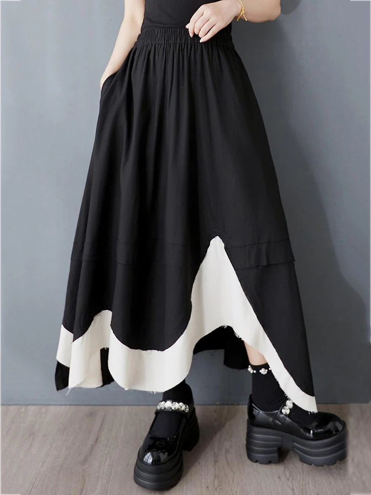 XITAO Asymmetric Patchwork Contrast Color Skirt Casual A-line Elastic Waist Fashion Mid-calf Goth Spring Women Skirt GYX1571