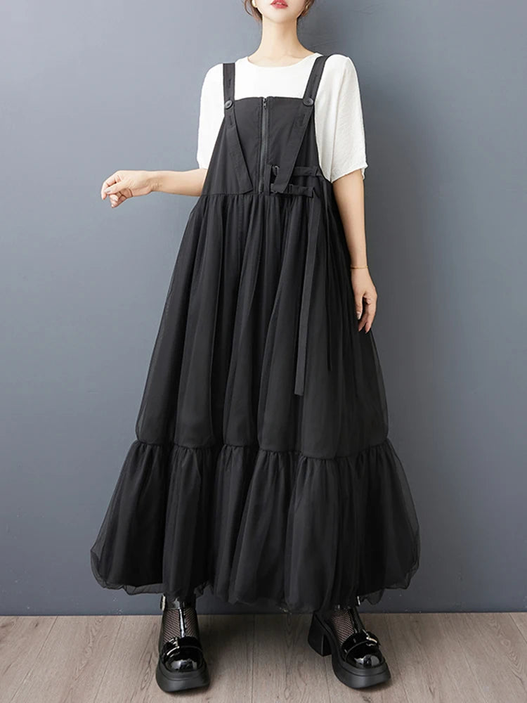 XITAO Patchwork Gauze Pleated Dress Solid Color Casual Sleeveless Loose Zipper Summer Woman Shoulder Strap Dress GYX1652