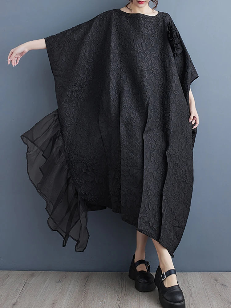 XITAO Gauze Patchwork Batwing Sleeve Dresses Asymmetrical Solid Color Three-dimensional Decoration Loose Dress Spring DMJ3845