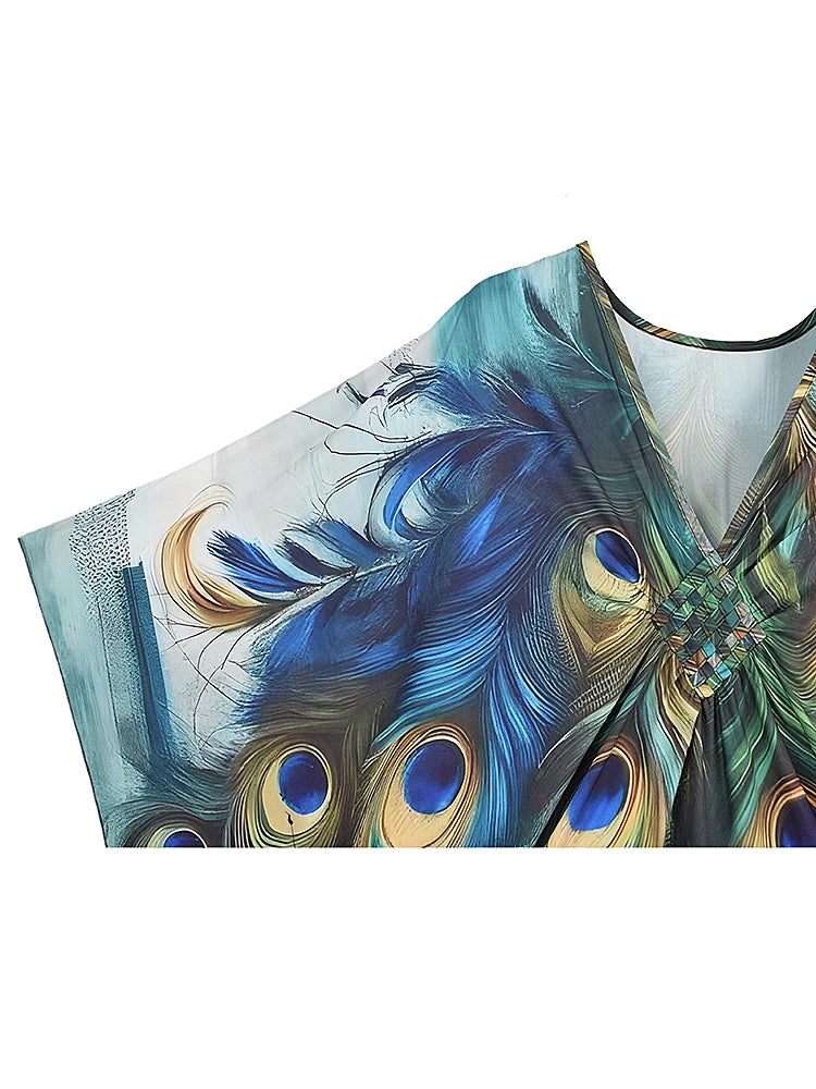 XITAO Peacock Print Vintage Dress Pullover V-neck Bat Wing Sleeve Temperament Slim Summer Woman Loose Casual Dress GJ1152
