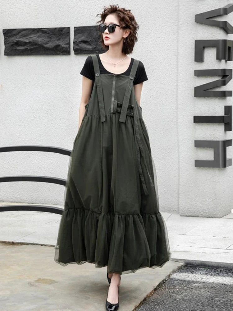 XITAO Gauze Pleated Bandage Strap Dress Sleeveless Solid Color Loose Casual Patchwork Personality Summer Woman Dress HQQ2497