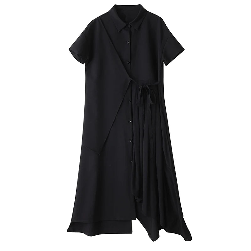 XITAO Irregular Solid Color Pleated Dress Drawstring Turn-down Collar Short Sleeve Slimming All-match Temperament Dress ZY8943