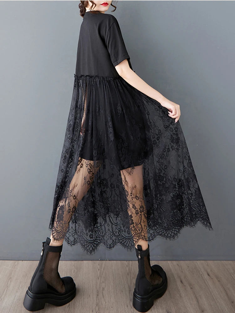 XITAO Patchwork Lace Short Sleeve Dress O-neck Casual Loose Fitting A-line Solid Color Pullover Summer Women Dress ZMY1214