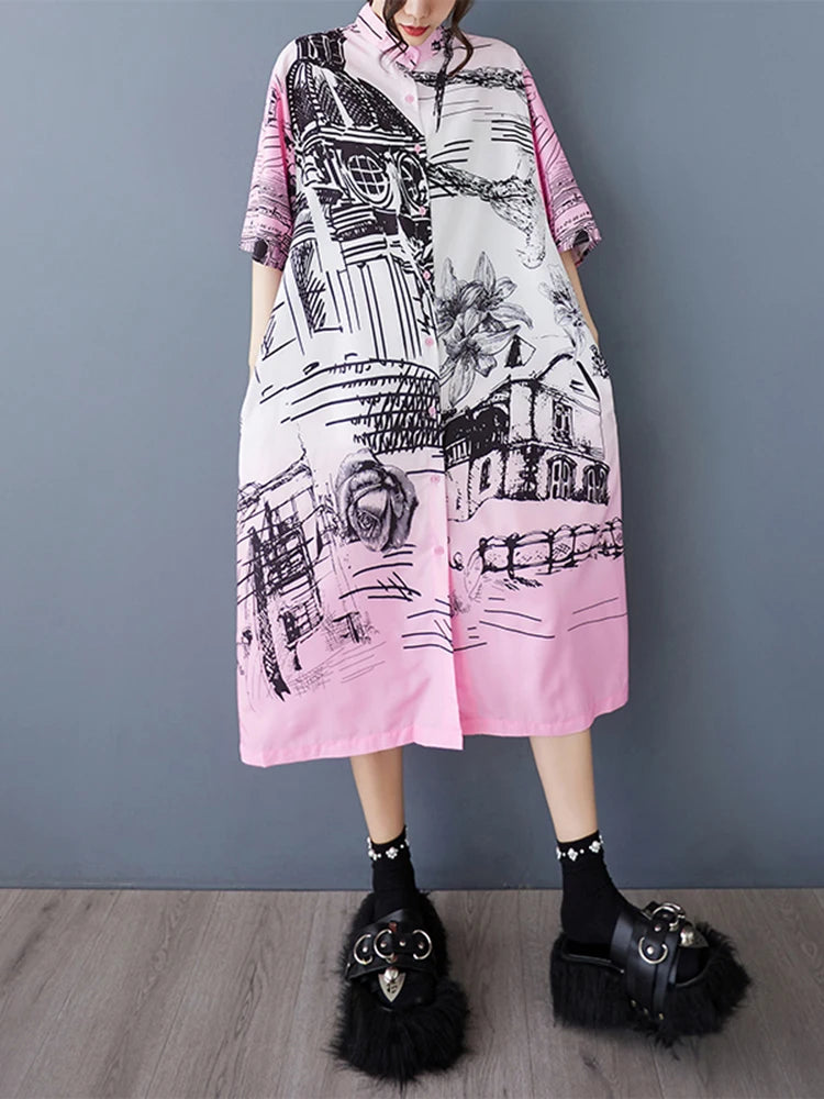 XITAO Contrast Color Print Pocket Patchwork Dress Turn-down Collar Single Breasted Short Sleeve Loose Casual Shirt Dress ZMY1169