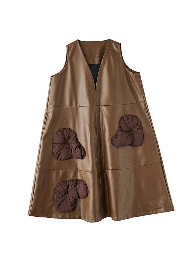 XITAO Three-dimensional Decoration V-neck Dress Solid Color Patchwork Pullover Sleeveless Loose 2024 Spring New Casual Dmj2310