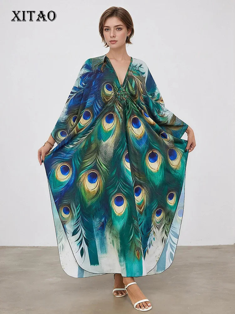 XITAO Peacock Print Vintage Dress Pullover V-neck Bat Wing Sleeve Temperament Slim Summer Woman Loose Casual Dress GJ1152