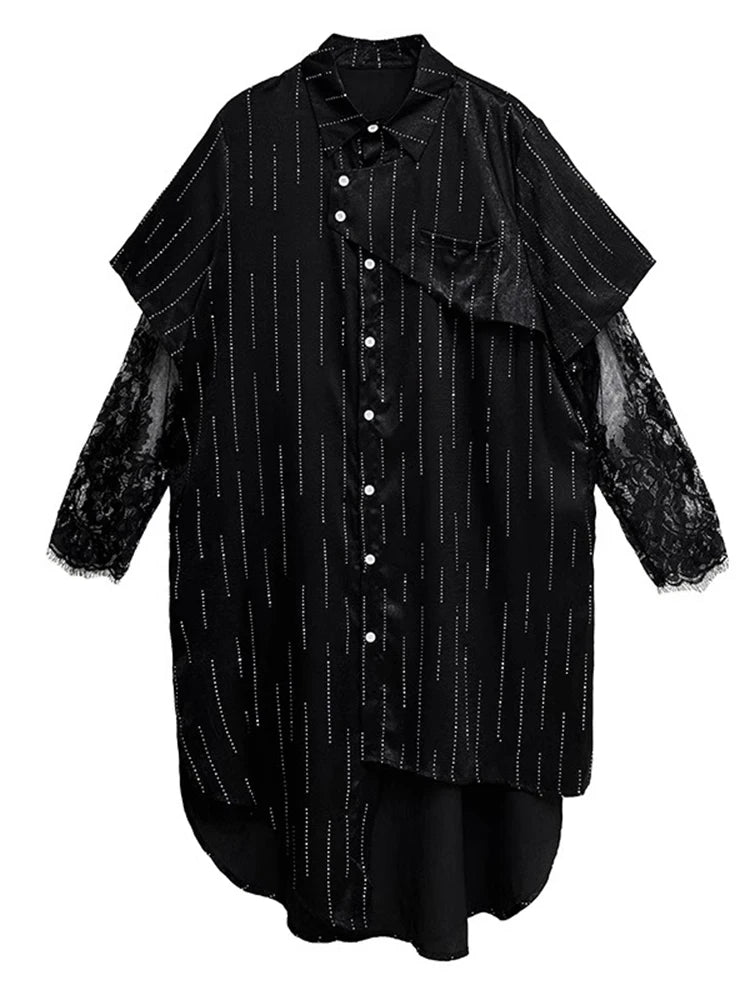 XITAO Asymmetrical Lace Patchwork Stripe Dress A-line Single Breasted Turn-down Collar Personality Spring Women Dress ZMY1345