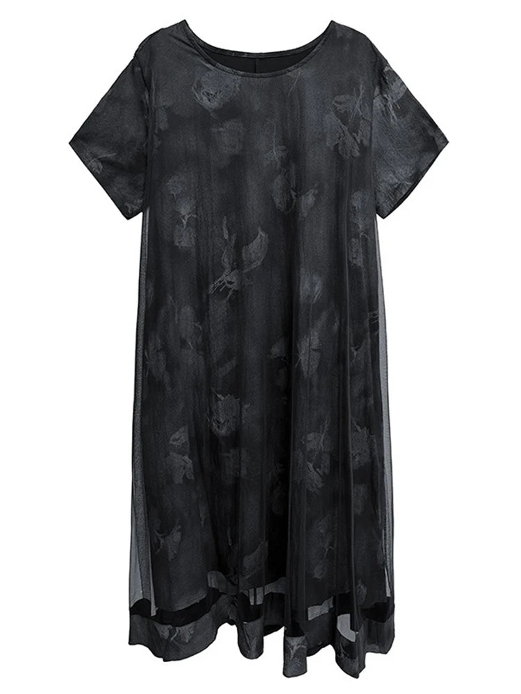 XITAO Print Patchwork Gauze Female Dress Short Sleeve O-neck A-line Loose Elegant Temperament Summer Woman Dress ZMY1239