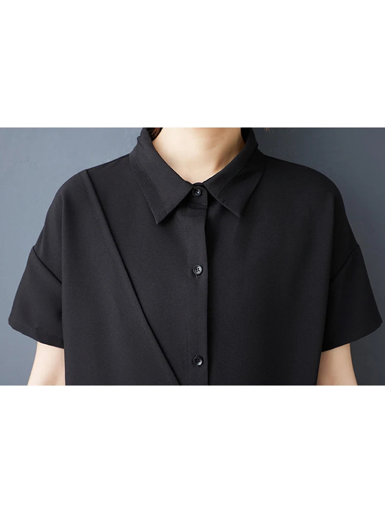 XITAO Irregular Solid Color Pleated Dress Drawstring Turn-down Collar Short Sleeve Slimming All-match Temperament Dress ZY8943