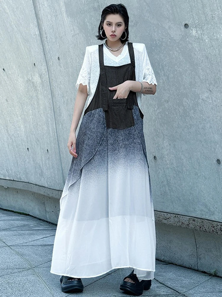 XITAO Gradient Pocket Patchwork Dress Sleeveless Loose Casual Square Collar Slimming Temperament Summer Woman Dress GYX1666