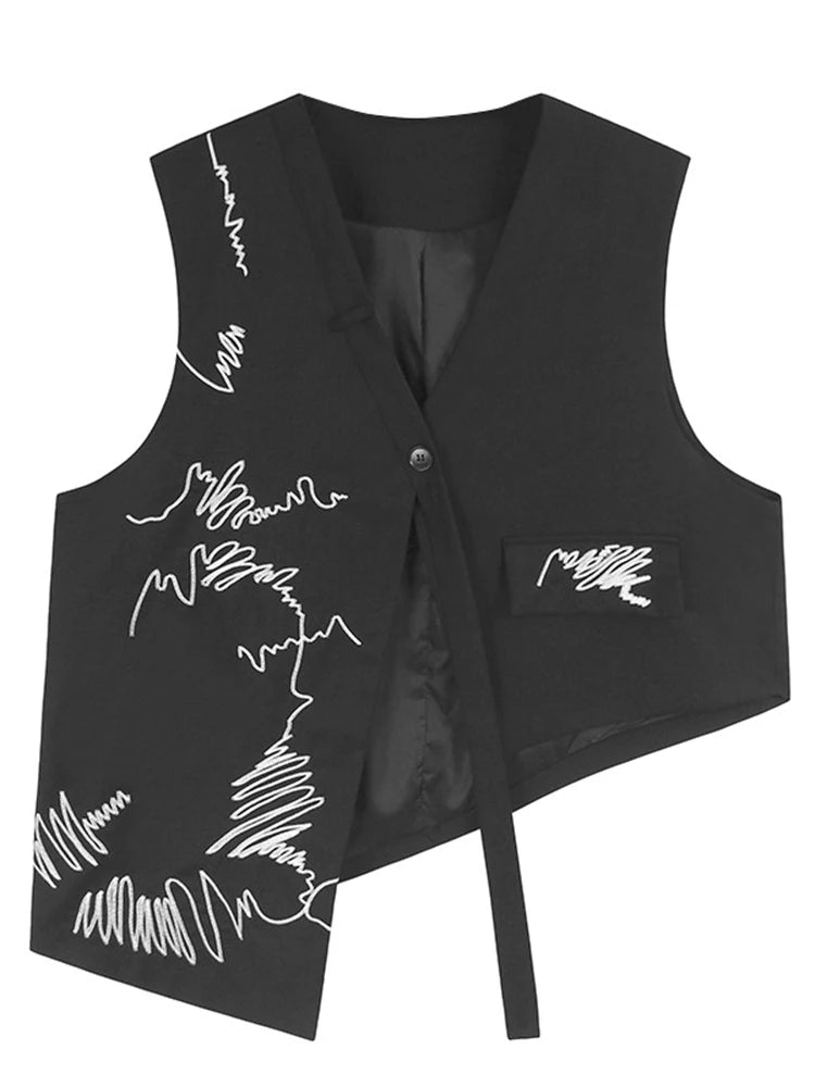 XITAO Irregular Embroidery Female V-neck Button Vest Casual Loose Fitting Sleeveless Lace-up Fashion Simple Women Vest HQQ2456