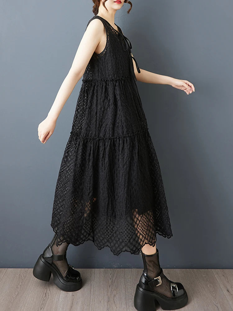 XITAO Lace Drawstring Hollow Out Dress Patchwork Solid Color Loose Sleeveless O-neck Casual Slimming Summer Woman Dress ZMY1312
