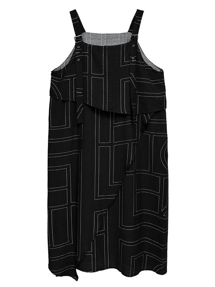 XITAO Patchwork Geometric Loose Strap Dress Sleeveless Casual Square Collar Simple All-match Slimming Summer Woman Dress HQQ2492