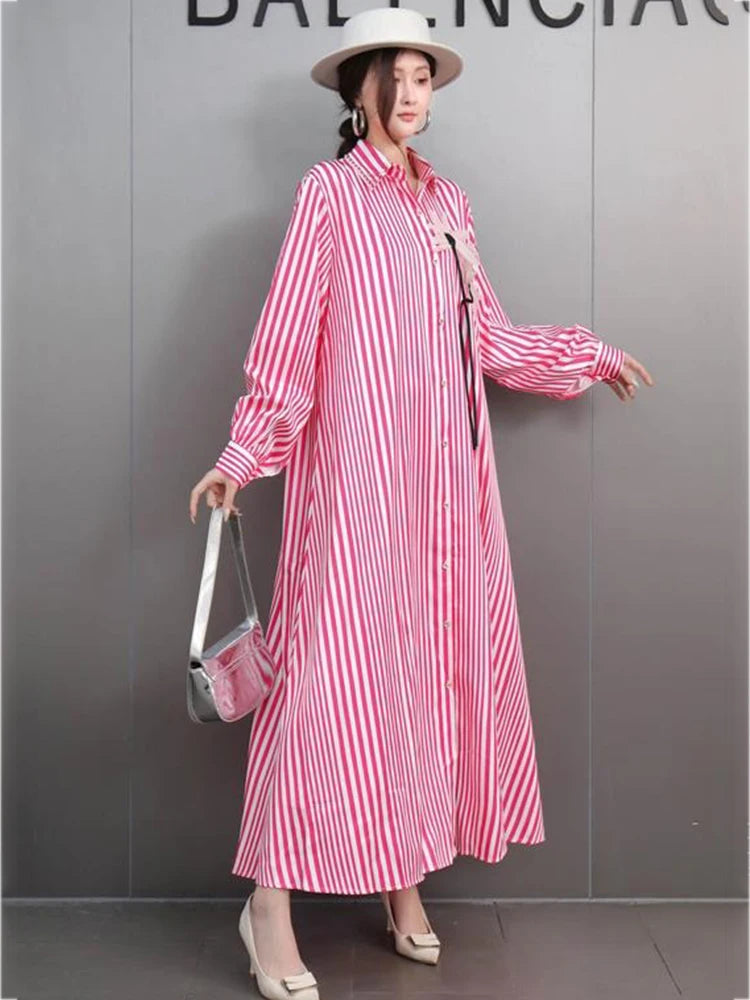 XITAO Stripe Single Breasted Flower Dress Casual Full Sleeve Turn-down Collar Loose Fitting Leisure Spring Female Dress GYX1524