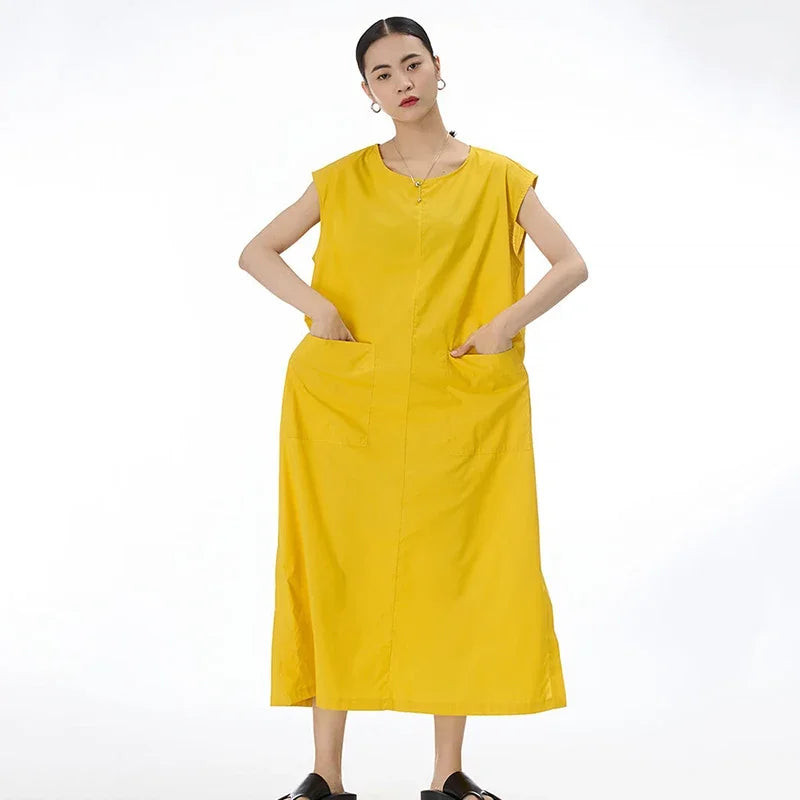 XITAO Sleeveless Long Style Women Dress Solid Color Simplicity Fashion Temperament O-neck Collar Women Summer New Dress HQQ0629