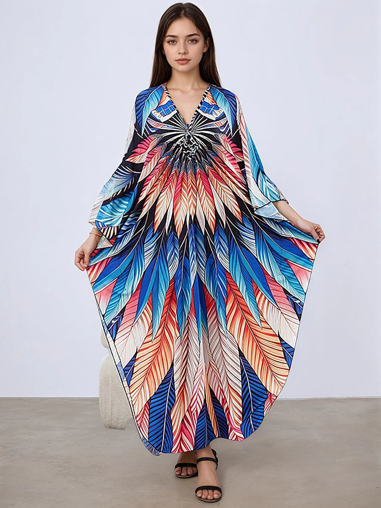XITAO Contrast Color Print Patchwork Batwing Sleeve Dress Pullover Loose Slimming Casual Ankle-length Summer Women Dress GJ1142