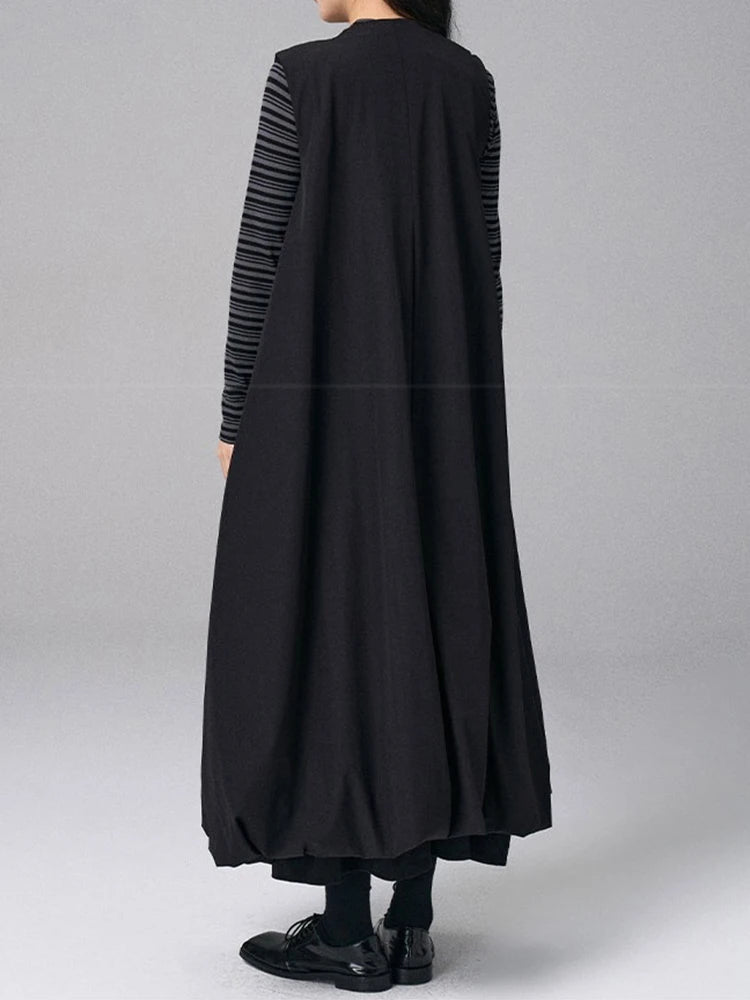 XITAO V-neck Single Breasted Dress Sleeveless Casual Solid Color A-line Leisure Fashion Elegant New Arrival Spring Dress HQQ2450