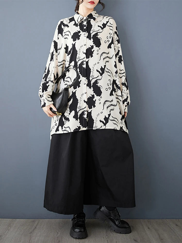 XITAO Print A-line Blouse Casual Loose Fitting Hong Kong Slimming Fashion Full Sleeve Single Breasted Autumn Female Blouse GMM1307