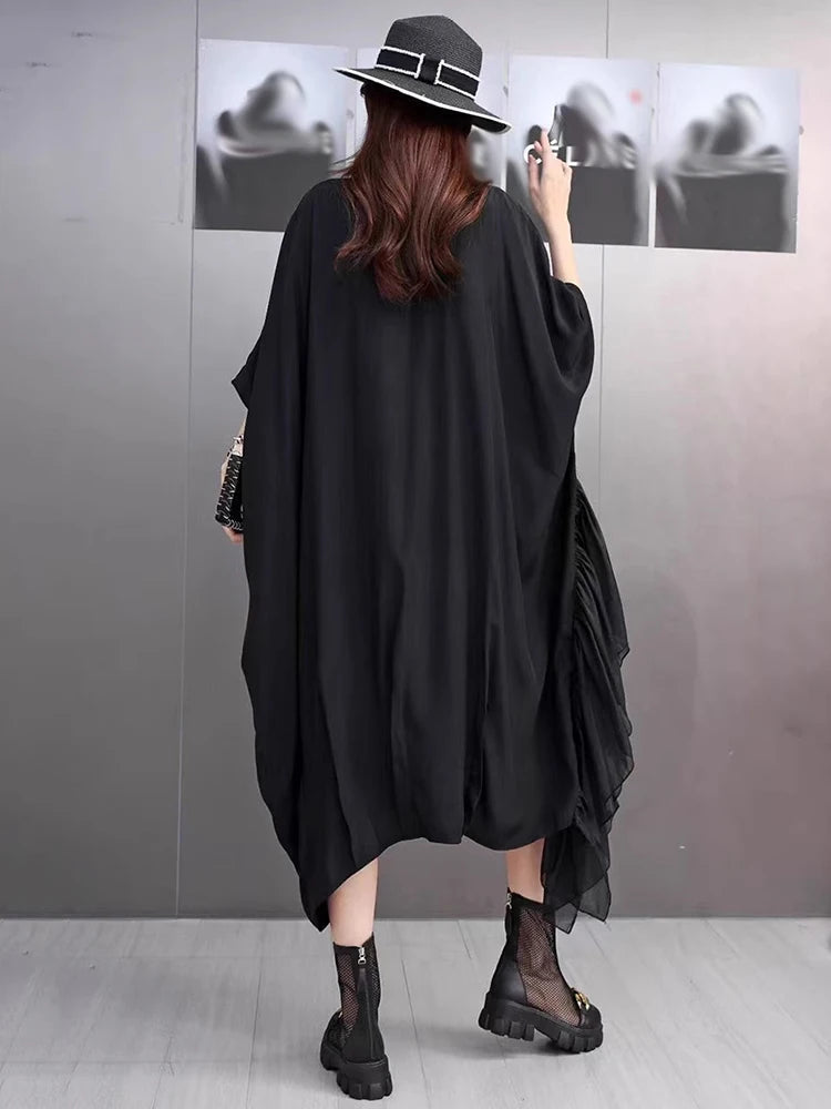 XITAO Loose Irregular O-neck Dress Fashion Mesh Patchwork Women Summer Simple Solid Color Elegant Temperament Dress HQQ2489