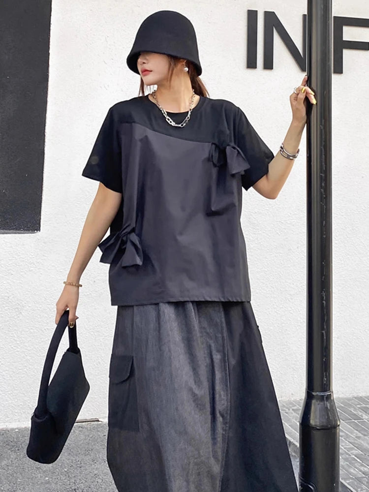 XITAO Patchwork O-neck Flower T-shirt Casual Short Sleeve Loose Fitting Bow Simple New Asymmetric Summer Women T-shirt GYX1610