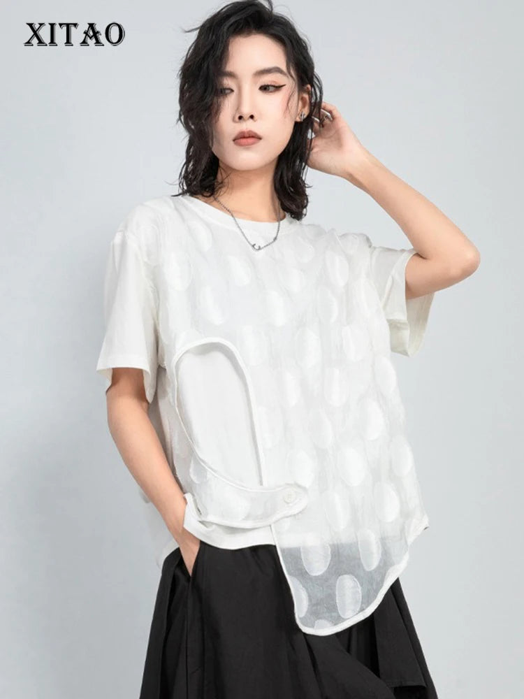 XITAO Hollow Out Asymmetrical Button T-Shirts Gauze Patchwork Pullover Solid Color Short Sleeve Loose Casual Women Top ZMY1163