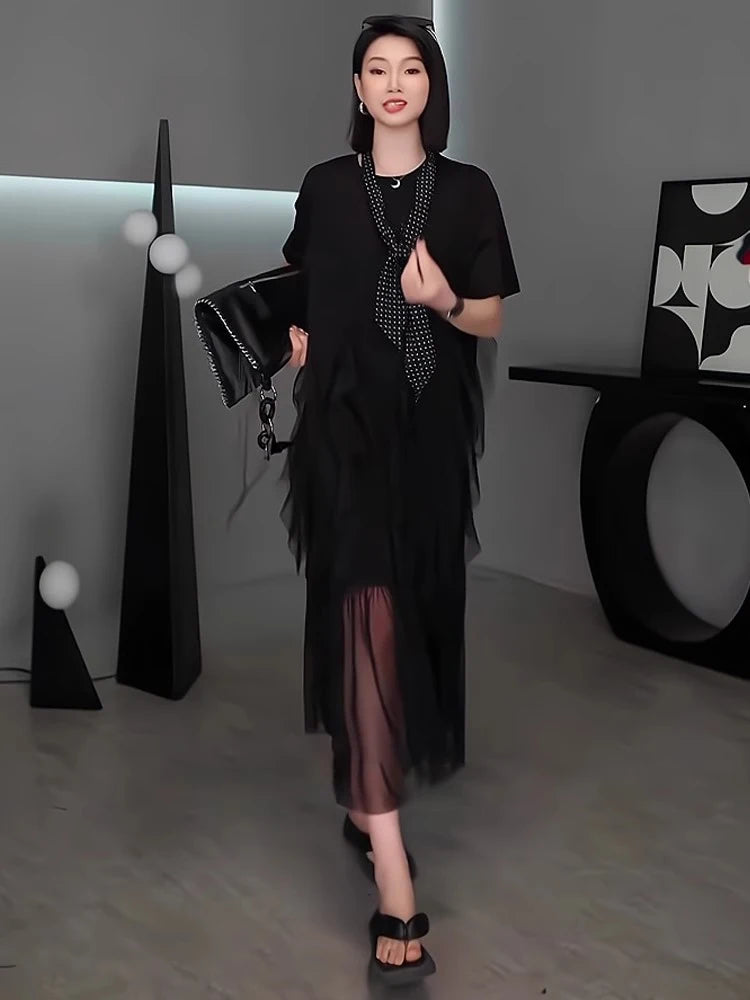 XITAO Mesh Patchwork Short Sleeve Dress A-line Solid Color Personality Pullover Edible Tree Fungus Summer Female Dress ZMY1372