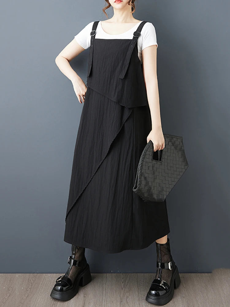 XITAO Asymmetrical Spaghetti Strap Sleeveless Dress Solid Color Pocket Patchwork Square Collar A-line Slim Women Dress ZMY1286