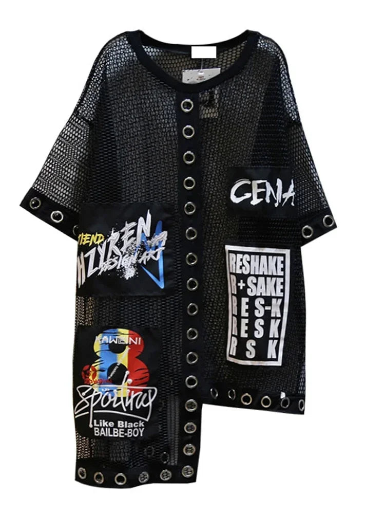 XITAO Asymmetrical Women T-shirt Summer Korea Fashion O-neck Short Sleeve Loose Tee Female Letter Print Patchwork Hollow Out Mesh T-shirt WBB3401