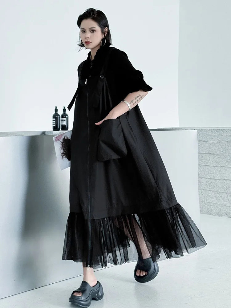XITAO Pocket Patchwork Gauze Dress Zipper Solid Color Temperament Sleeveless Slimming Summer Woman Loose Casual Dress ZMY1335