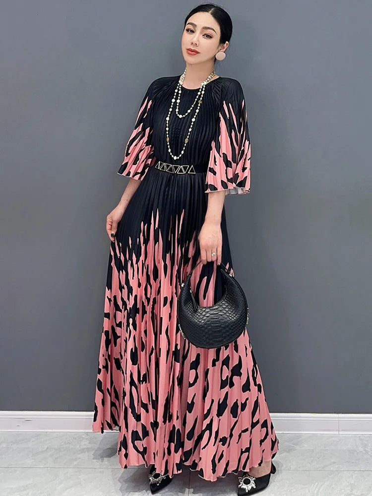 XITAO Print Pleated O-neck Three Quarter Sleeve Dress Elegant Temperament Loose Fashion Summer New Goddess Fan Dress LYD1881