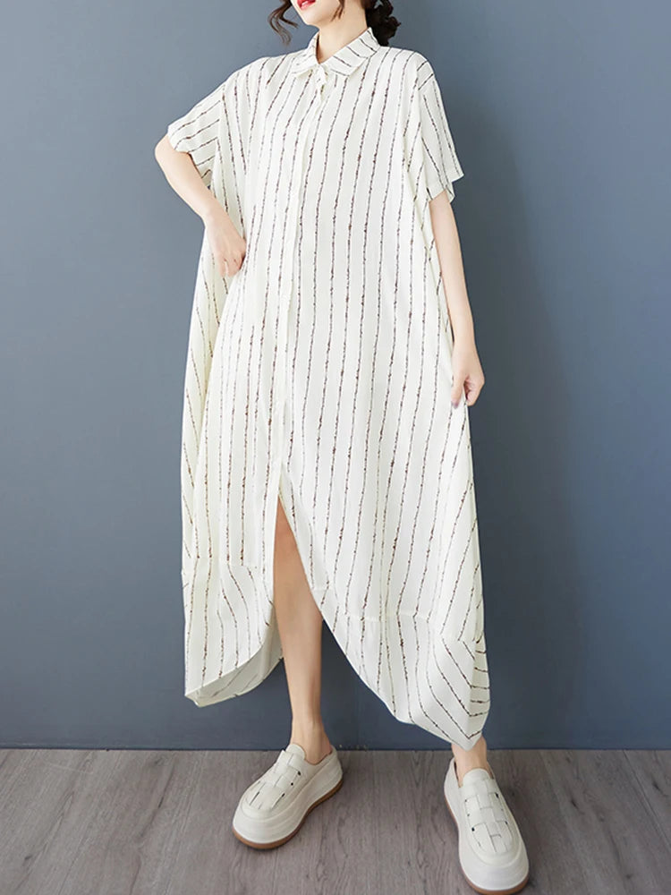 XITAO Loose Irregular Striped Dress Casual Short Sleeve Single Breasted Women Summer Turn-down Collar Shirt Dress ZMY1171