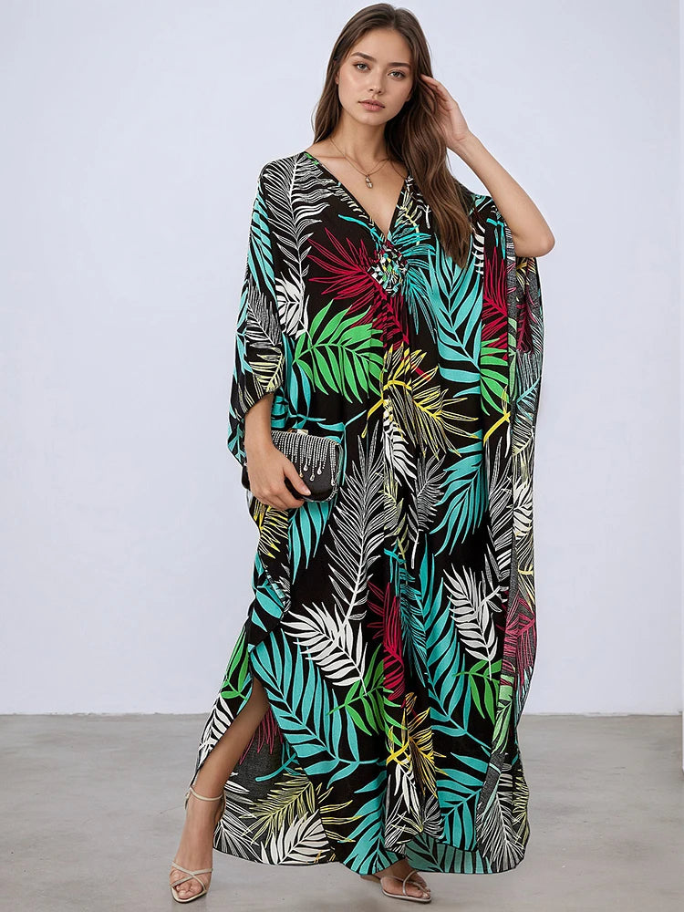 XITAO Batwing Sleeve Patchwork Print Contrast Color Dress V-neck Pullover Side Split Loose Casual Slimming Summer Dress GJ1146