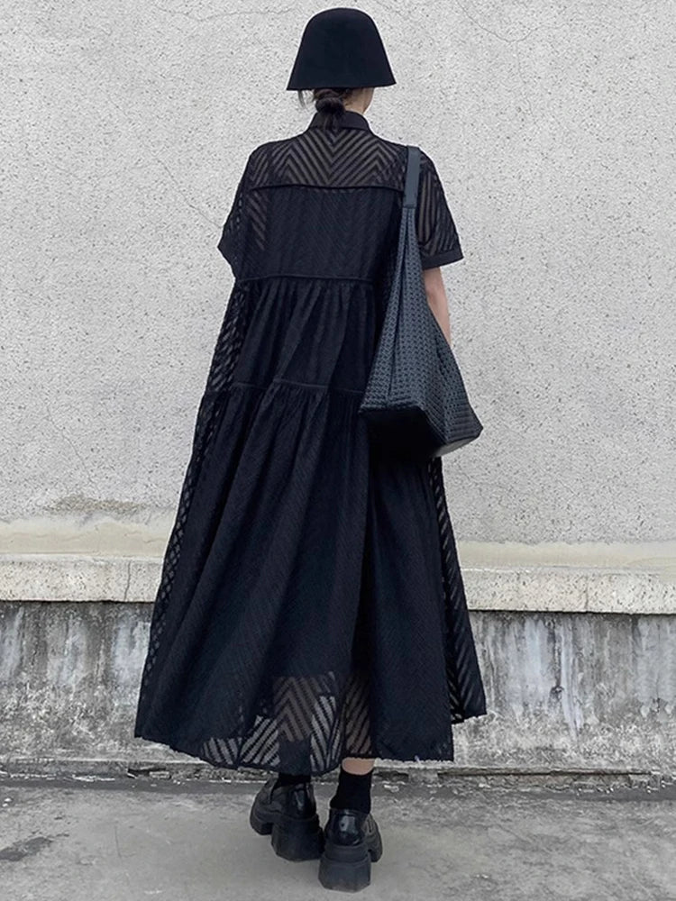 XITAO Patchwork Hollow Out Female Two Piece Dress Turn-down Collar A-line Casual Short Sleeve Simple Summer Woman Dress ZMY1259