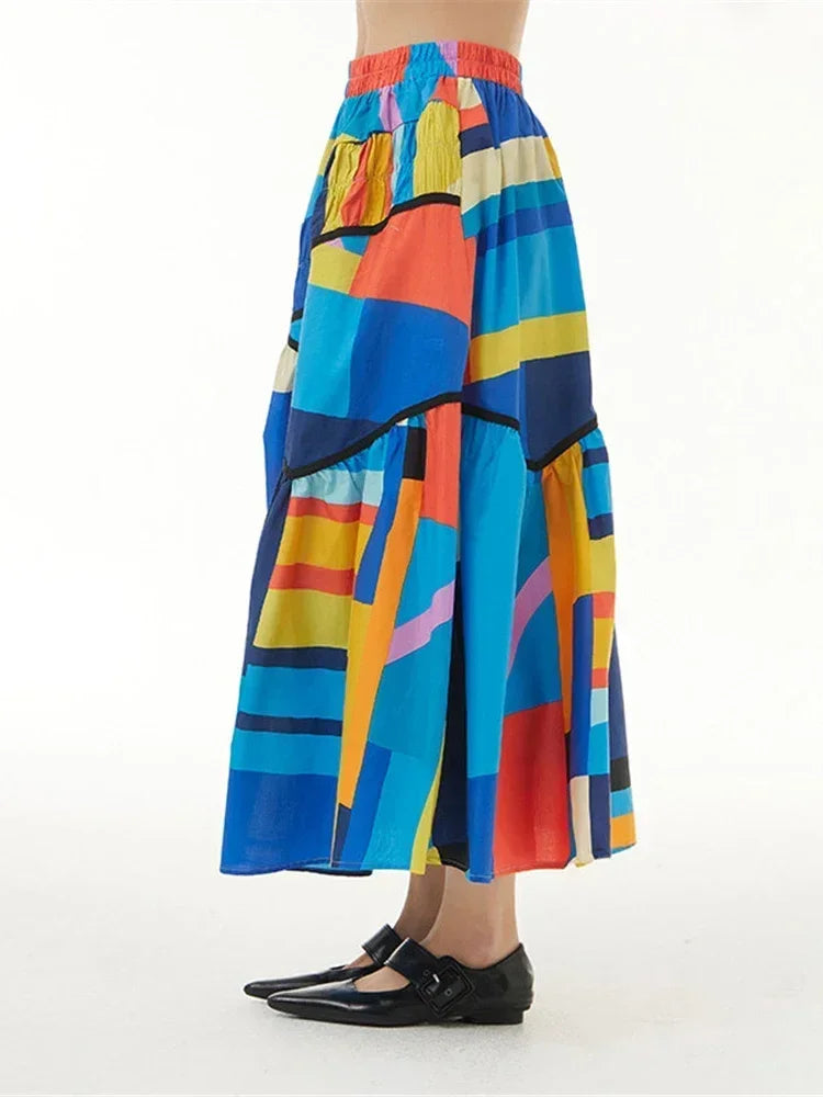XITAO Striped Print Pattern Skirt Fashion Elastic Waist Goddess Fan Casual Style Minority 2024 Summer Skirt WMD5493