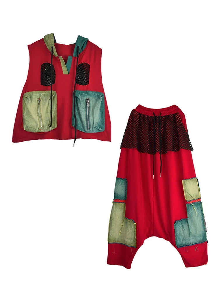 XITAO Patchwork Pocket Contrast Color Hooded Matching Set Casual Loose Fitting Elastic Waist Personality Women Sets GYX1650