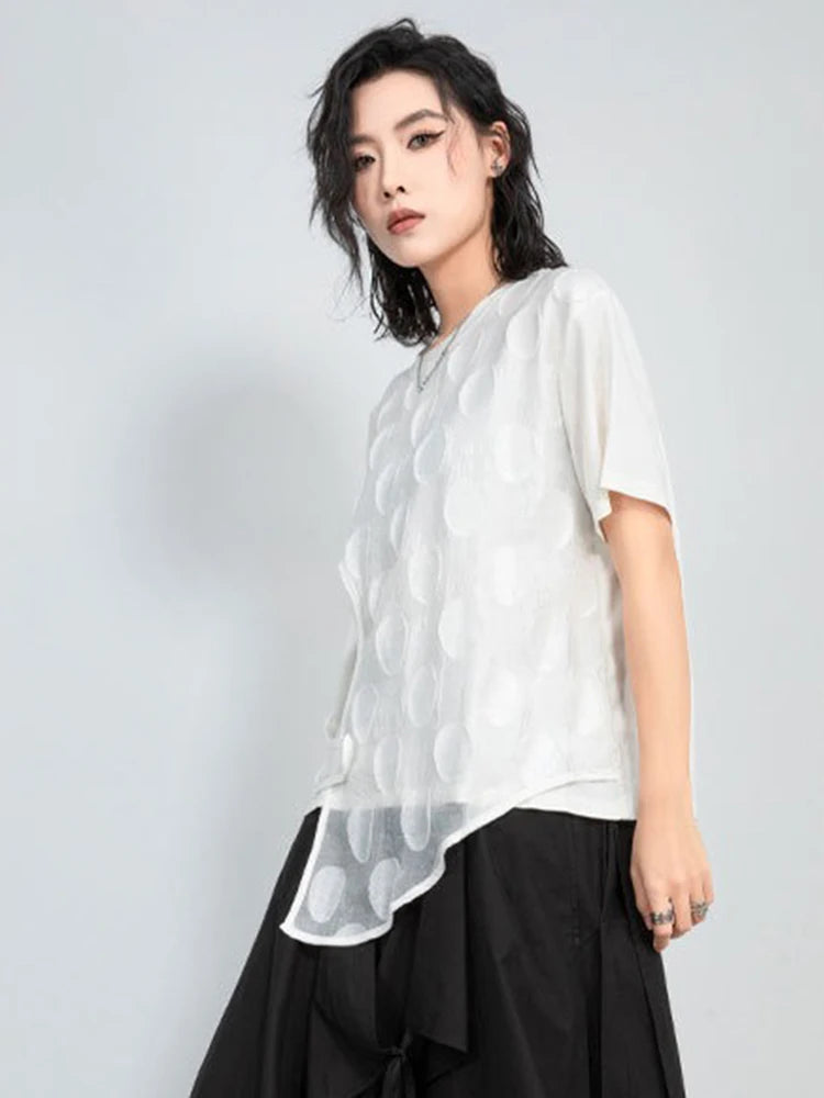 XITAO Hollow Out Asymmetrical Button T-Shirts Gauze Patchwork Pullover Solid Color Short Sleeve Loose Casual Women Top ZMY1163