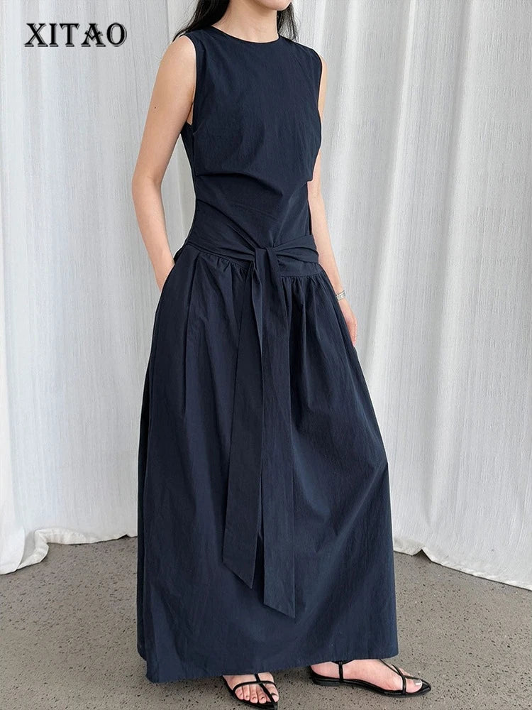 XITAO Drawstring Pleated Loose Dress O-neck Temperament Sleeveless Solid Color Simple Slim All-match Summer Woman Dress ZMY1289