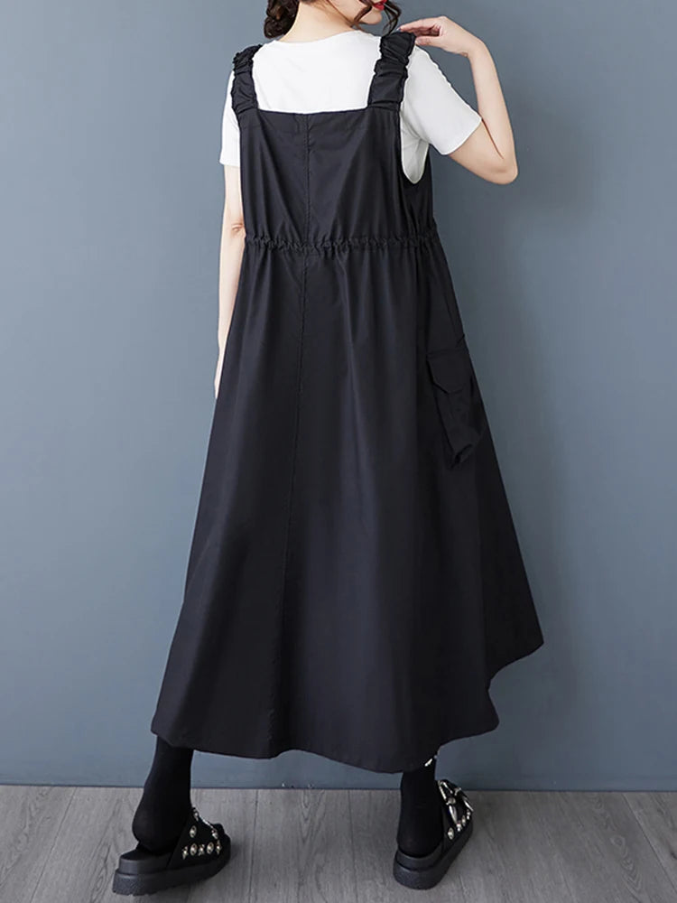 XITAO Zipper Pocket Patchwork Shirring Dress Solid Color Sleeveless Loose Casual Slim Summer Personality A-line Dress ZMY1217