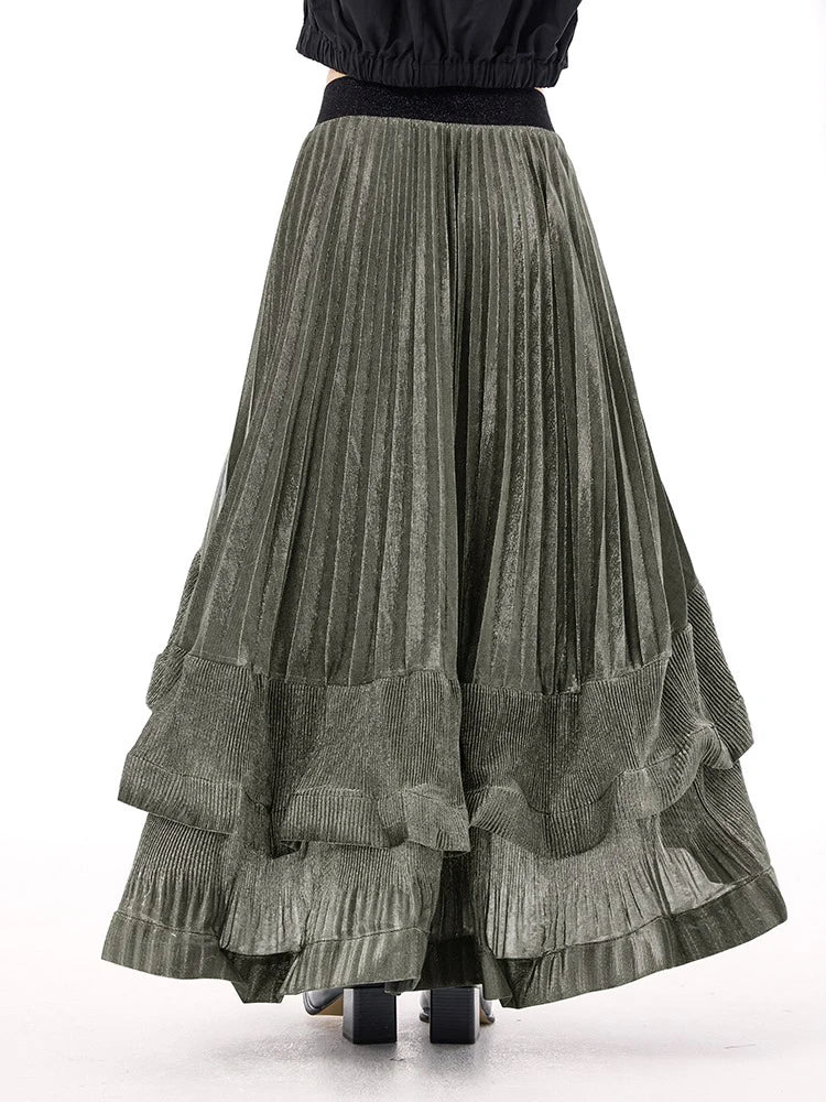 XITAO Asymmetrical Fold Patchwork Skirts Elastic Waist Solid Color A-line Loose Vintage Slimming Temperament Skirt GYX1517