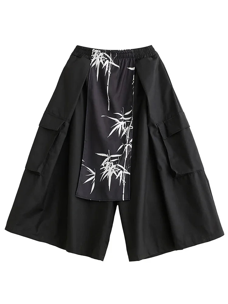 XITAO Print Elastic Waist Patchwork Women Pants Solid Color Loose High Waisted Wide Leg Pants Winter Fashion New All Match HQQ2088